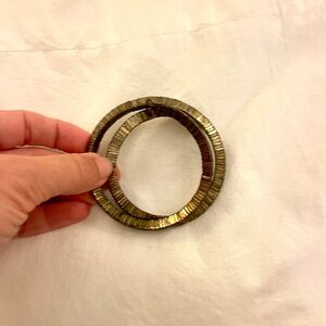 Antique Brass Tone Metal Beaded Wrap Cuff Ribbed Bracelet with Dangle Detail